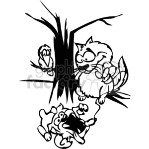 The clipart image features three animals: an bird perched on a branch, a cat with a humorous expression sitting on another tree branch, and a dog at the base of the tree, in an exaggerated pose that suggests it is either scared or startled, possibly by the cat. The dog appears to be barking or howling upwards toward the cat. The tree is depicted with several jagged branches, adding to the comical nature of the scene.