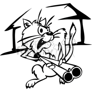 The image depicts a stylized cartoon of an angry, anthropomorphic cat standing in front of a barn and holding a shotgun. The cat has an aggressive expression with its teeth bared, whiskers pointed outward, and eyes wide open, suggesting that it is ready for action or defense.