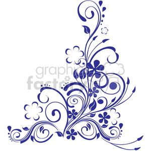 A blue, intricate floral design featuring various swirling stems, leaves, and flowers, creating a decorative border or corner embellishment.