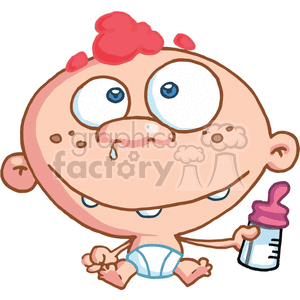 A cute and funny cartoon image of a drooling baby with freckles, wearing a diaper and holding a baby bottle.