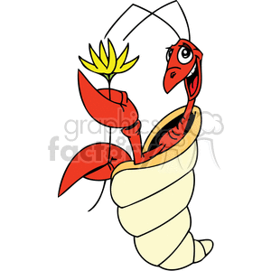 The clipart image depicts a cartoon shrimp holding a flower. The shrimp has a pronounced smiling face, is colored red, and is partially wrapped in what seems to be a yellow band, resembling a banana peel or a swaddle. The flower has yellow petals and a green stem.