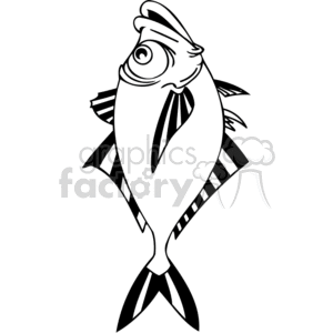 The clipart image depicts a stylized fish with exaggerated features giving it a humorous appearance. It has a large, bulging eye, a pronounced mouth, and a playful expression. The fish's body is decorated with simple patterns such as lines and triangles adding to its cartoonish charm.