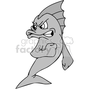 The image is a black and white clipart of a cartoon fish with a funny and tough expression. It has a muscular arm and appears to be standing with an angry or defiant look on its face.