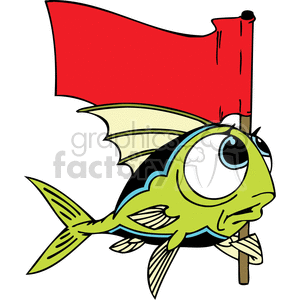 The image is a colorful and humorous illustration of a green and blue fish with large, expressive eyes. The fish appears to be swimming or floating while holding a large red flag attached to a wooden pole.