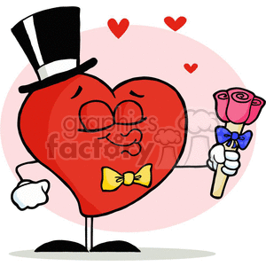 A cartoon heart character wearing a top hat and bow tie, holding a bouquet of roses surrounded by floating hearts.