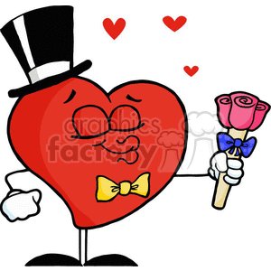 A cartoon heart character wearing a top hat and bow tie, holding a bouquet of purple flowers with small red hearts in the background.