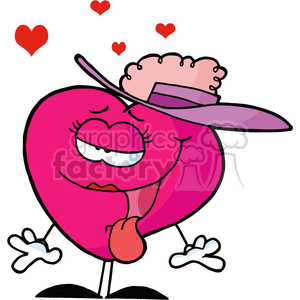 A cartoon heart character in pink with a purple hat, playful expression, and surrounded by small red hearts.