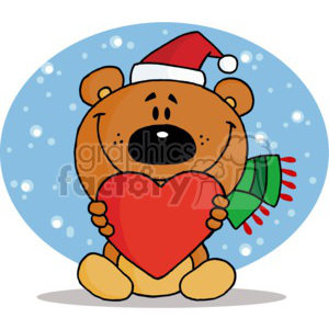 A cute teddy bear wearing a Santa hat and a green scarf holding a red heart on a snowy background.