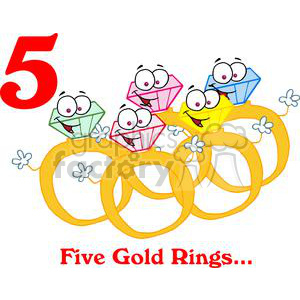 A humorous clipart image depicting five animated gold rings with colorful, smiling faces, inspired by the 'Five Gold Rings' part of the Christmas song 'The Twelve Days of Christmas'.