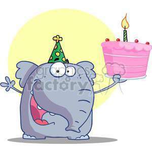   Blue elephant wearing a green and yellow party hat holding a pink happy birthday cake with one candle 