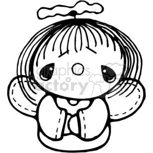 A cute cartoon angel with large eyes and a halo, depicted in a simple, child-like style. The angel is wearing a robe and has wings, giving it a Christmas or heavenly theme.