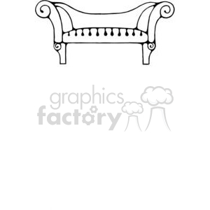 A black and white clipart image of a vintage couch with ornate armrests and legs.