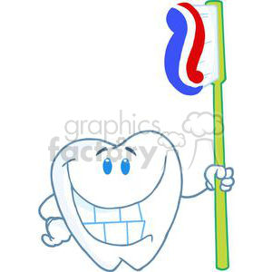 The clipart image depicts a stylized, anthropomorphic tooth with a big, cheerful smile, arms, and legs. The tooth is holding a large toothbrush with toothpaste applied to it in a striped pattern, typically red and blue. The overall theme of the image is lighthearted and fun, likely designed to promote dental hygiene.