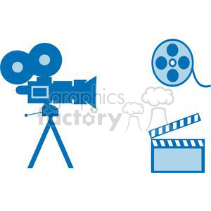 The clipart image features three items commonly associated with filmmaking: a vintage film camera, a film reel, and a clapperboard. The items are designed in a simple blue color scheme and are placed on a white background.