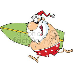 A humorous clipart image of Santa Claus wearing sunglasses and red star-spangled shorts while carrying a surfboard.