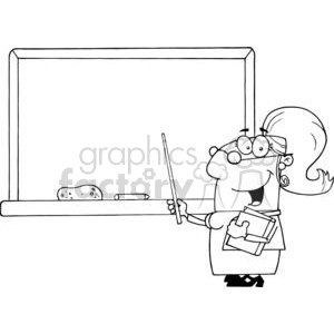 A humorous cartoon illustration of a teacher standing in front of a chalkboard, holding a pointer and a book.