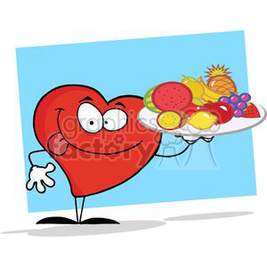 A cartoon-style red heart character with a playful expression holding a platter of colorful fruits, including pineapples, grapes, watermelon, and more, against a blue background.