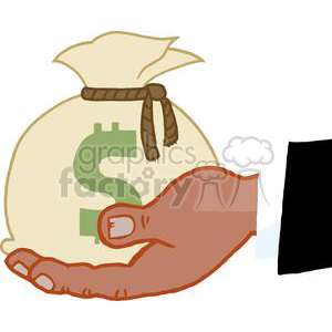 A clipart image of a hand holding a money bag with a dollar sign on it.