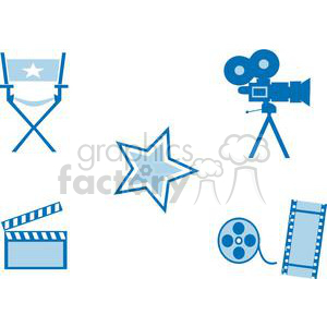 This clipart image features various movie-related icons such as a director's chair, a star, a video camera, a clapperboard, a film reel, and a strip of film, all in blue shades.