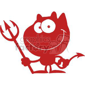 The image features a funny, cartoonish depiction of a red devil character. It shows a simplistic, smiling creature with horns, a tail, oversized eyes, and holding a pitchfork.