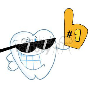 A cartoon tooth wearing sunglasses and holding a foam finger labeled '#1'.