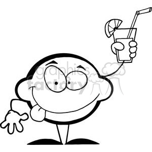 This clipart image depicts a cartoon character shaped like a lemon, standing upright on two legs, with a smiling face, hand, and eyes. The character is holding a glass with a beverage, which includes a straw and a slice of lemon on the rim.