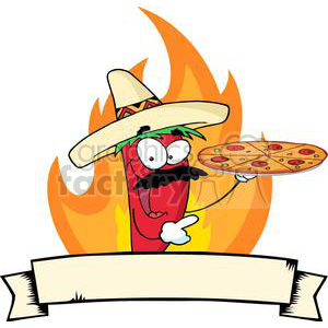 A fun and playful clipart image featuring a cartoon chili pepper character wearing a sombrero and sporting a mustache. The chili pepper is holding a pizza and is set against a background of flames, with a blank ribbon banner at the bottom for adding text.