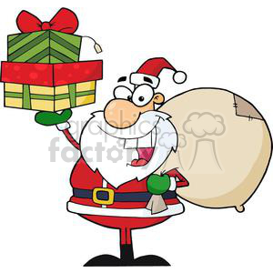 A humorous clipart of Santa Claus holding a stack of presents and carrying a large sack, wearing his traditional red suit and hat.