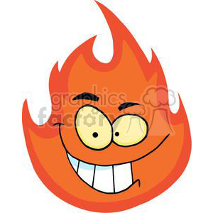 The image is a clipart illustration of a personified fire or flame. The flame has a cartoonish face with big, round eyes, raised eyebrows, and a wide, toothy smile, giving it a funny and slightly mischievous expression.