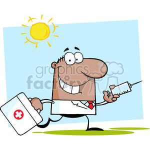 A cartoon illustration of a cheerful doctor holding a syringe and a medical bag, with a bright sun in the background.