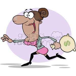 A cartoon woman running with a bag of money. The woman is depicted with exaggerated facial features and is wearing a business outfit along with high heels. The bag of money she's holding has a dollar sign on it.