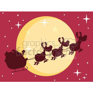 A humorous Christmas clipart image of Santa Claus in his sleigh being pulled by four reindeer silhouetted against a large full moon on a starry night.