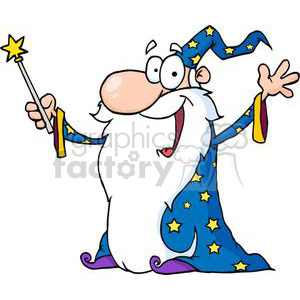 A cartoon illustration of a wizard with a long white beard and mustache, wearing a blue robe and hat adorned with yellow stars. The wizard is holding a wand with a star at the tip and has a cheerful expression, waving with his free hand.