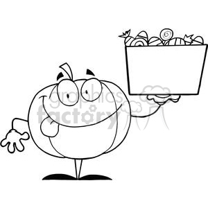 3205-Happy-Pumpkin-Character-Holding-Up-A-Tub-Of-Candy