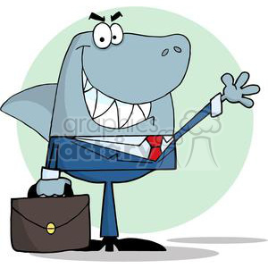 This clipart image features a stylized cartoon shark dressed in business attire, including a suit and tie, and carrying a briefcase. The shark has a toothy grin and is waving one of its fins, seemingly in a greeting gesture. The image could be interpreted as a metaphor for a corporate shark, implying business savvy, competitiveness, or possibly underhanded tactics within a corporate or business environment.