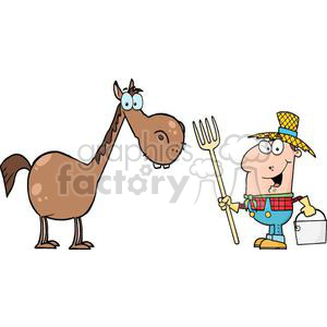 A humorous cartoon of a farmer holding a pitchfork and a bucket, standing next to a goofy-looking horse.