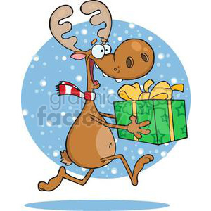 A cartoon reindeer wearing a red and white scarf joyfully carrying a green gift with a yellow ribbon against a snowy background.