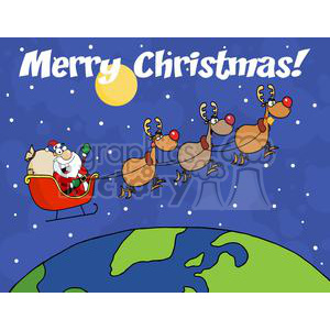 A cheerful cartoon of Santa Claus in a sleigh with reindeer flying over the Earth, with the text 'Merry Christmas!' in the sky at night.