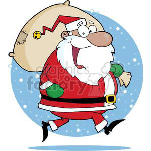 A cheerful Santa Claus in a festive red outfit, carrying a large sack of gifts against a snowy background.