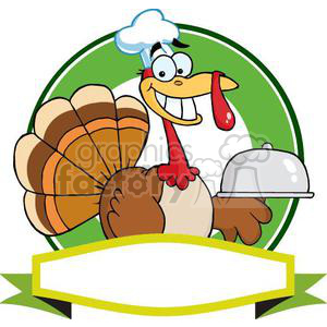 A humorous Thanksgiving turkey cartoon wearing a chef's hat and holding a serving platter.