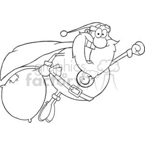 Clipart image of a funny superhero Santa Claus flying through the air with a bag of gifts.