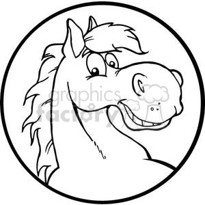 Clipart image of a smiling cartoon horse inside a circular border.