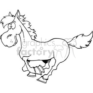 A black and white clipart image of a cartoon horse with a humorous and startled expression, trotting with its legs bent awkwardly.
