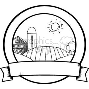 The clipart image displays a quaint farm scene enclosed within a circular border, featuring a barn, a silo, rolling hills, and a sun with rays. A ribbon banner adorns the bottom part of the circular border. The image is presented in a simple line drawing style suitable for coloring or as a logo.
