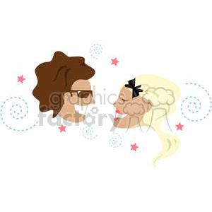 Clipart image of a man and a woman facing each other, both smiling. The man has brown hair and is wearing sunglasses. The woman has blonde hair with a black bow. There are decorative stars and swirl patterns in the background.