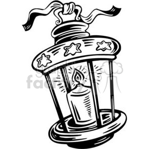 A black and white clipart image of a lantern with a candle inside. The lantern has star-shaped cutouts and a decorative ribbon on top.