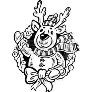 Black and white clipart of a cheerful reindeer wearing a winter hat and scarf, framed by a festive wreath, with a large bow at the bottom.