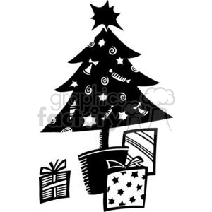 Black and white clipart image of a decorated Christmas tree with star and swirl ornaments, surrounded by wrapped gifts.