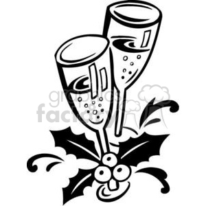 Black and white clipart image of two champagne glasses with holly leaves, symbolizing festive celebrations.