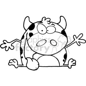   The clipart image features a cartoonish, funny cow character. The cow is drawn in a simplistic black and white style, with exaggerated features including a large head, big eyes, and a comic facial expression. The cow appears to be lying on its back with its legs in the air, which gives it a playful and whimsical look. 